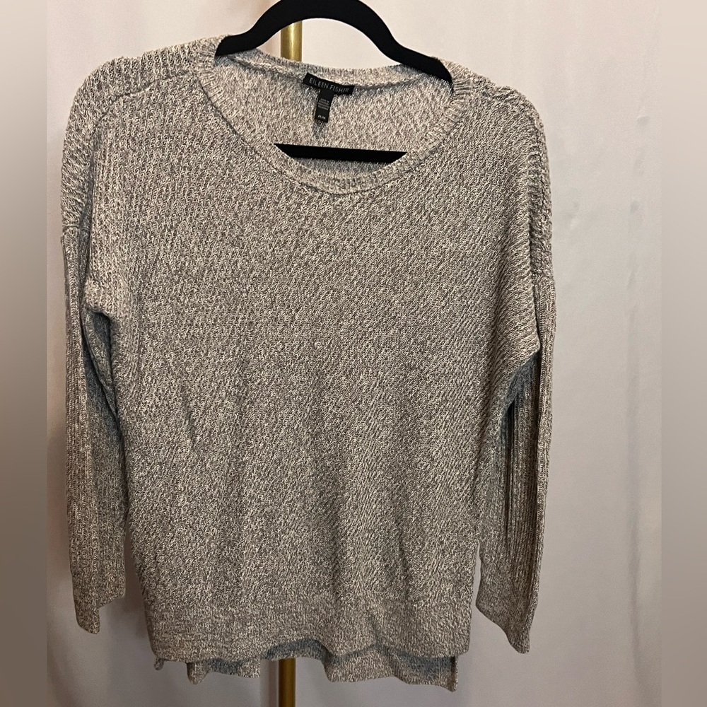Eileen Fisher linen and cotton blend blouse sweater, gray and white  (B4)